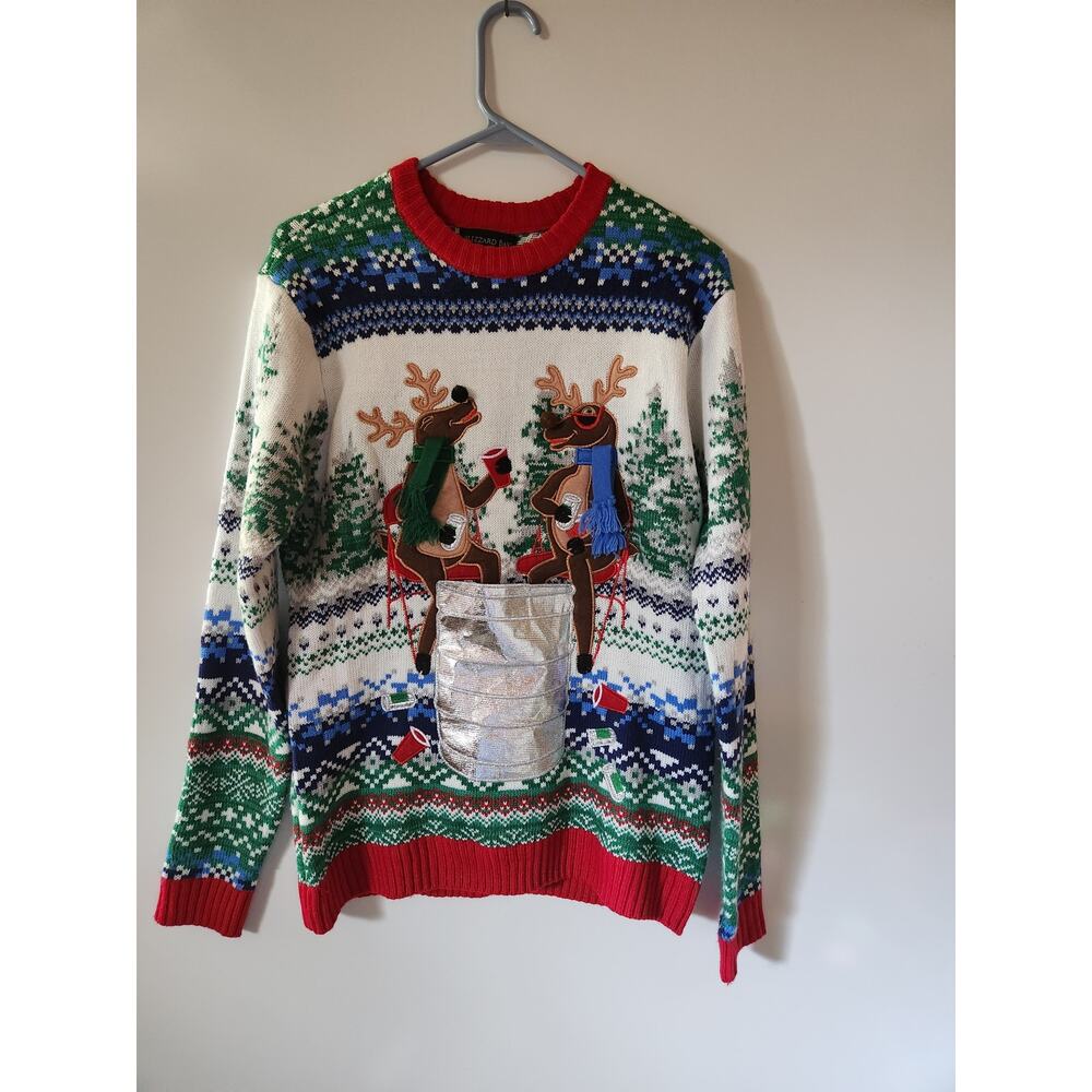 Blizzard Bay Moose Drinking Beer Christmas Sweater with Pocket sz S